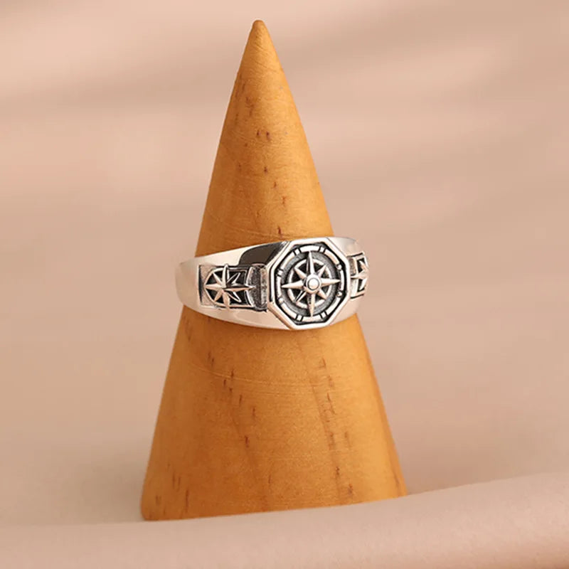 Retro Poseidon Kompass Ring versilbert Hexagramm Öffnung verstellbarer Ring Männer und Frauen Hip-Hop Trend Schmuck Geschenk