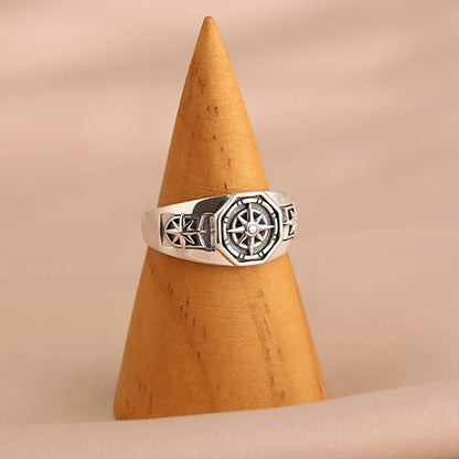 Retro Poseidon Kompass Ring versilbert Hexagramm Öffnung verstellbarer Ring Männer und Frauen Hip-Hop Trend Schmuck Geschenk