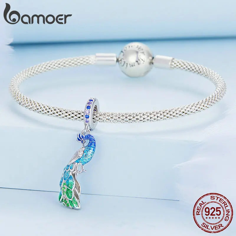 Bamoer 925 Sterling Silber Schrittweise Blau Pfau Hängen Perlen Zarte Tier Anhänger Charms für Frauen Geburtstag Geschenk BSC696