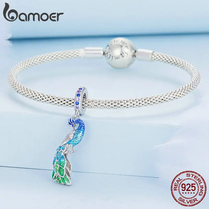 Bamoer 925 Sterling Silber Schrittweise Blau Pfau Hängen Perlen Zarte Tier Anhänger Charms für Frauen Geburtstag Geschenk BSC696