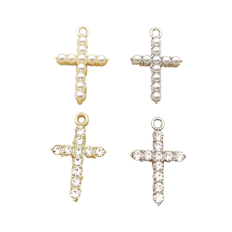 10 Stück Perlen-Kristall-Kreuz-Charm für Schmuckherstellung, Halskette, Armband, Ohrring, Anhänger, Diy-Zubehör, Zinklegierung