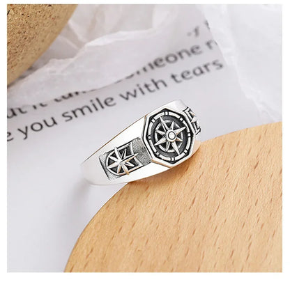 Retro Poseidon Kompass Ring versilbert Hexagramm Öffnung verstellbarer Ring Männer und Frauen Hip-Hop Trend Schmuck Geschenk