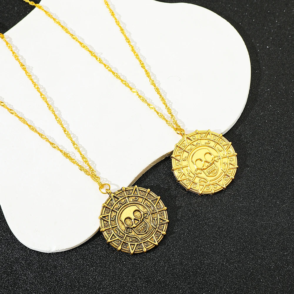 Fluch der Karibik Jack Sparrow Azteken Skelett Schädel Köpfe Münze Medaillon Anhänger Vintage Schmuck Halskette für Großhandel