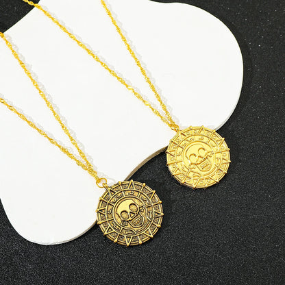 Fluch der Karibik Jack Sparrow Azteken Skelett Schädel Köpfe Münze Medaillon Anhänger Vintage Schmuck Halskette für Großhandel