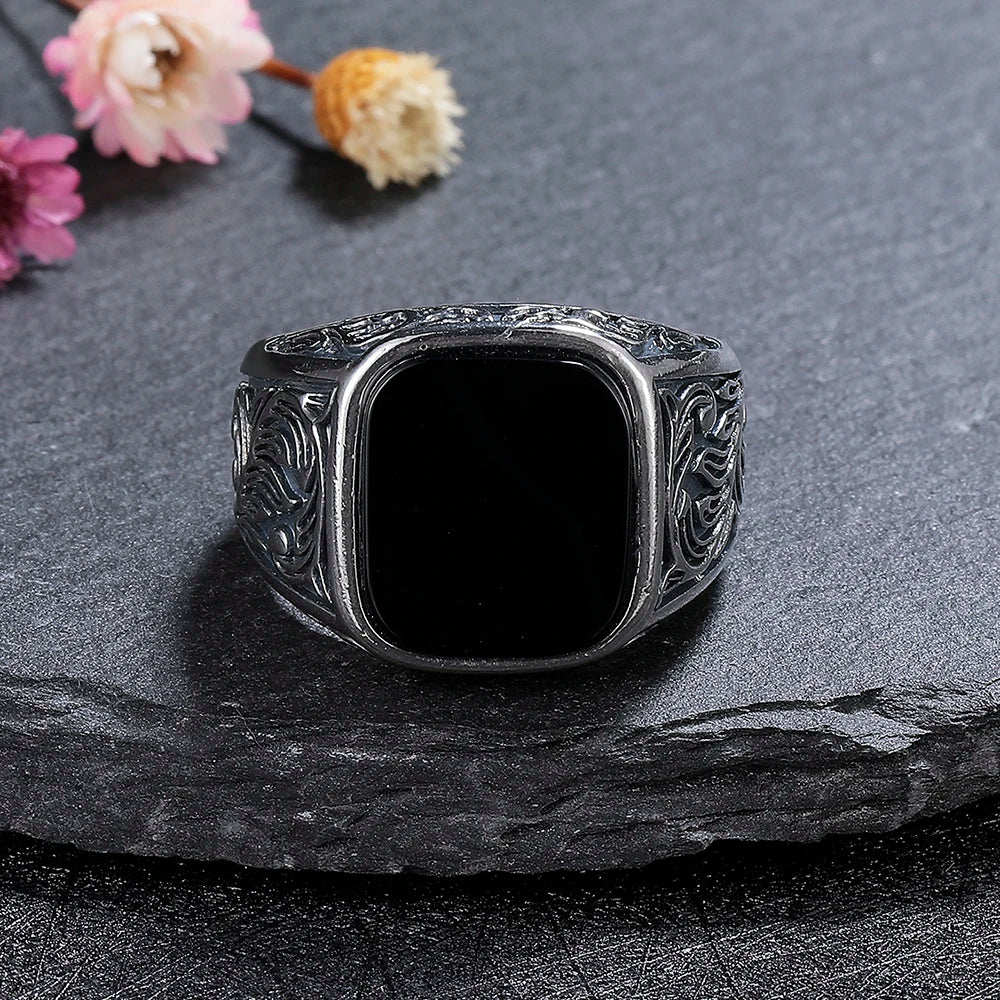 S925 Silver Jewelry Ring Natural 12*14mm Big Black Agate Stone Vintage Ring For Women Party Gifts