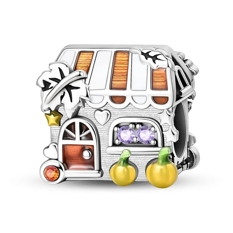 Kürbishaus-Perlen und Kuchen-Donut-Herzform aus 925er-Sterlingsilber, dreifach baumelnder Charm, passend für Armbänder, goldene orangefarbene Anhänger-Geschenke