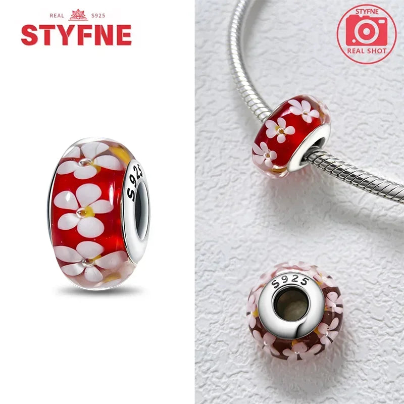 Echtes Sterlingsilber 925, Blumen-Charms, Glas, neue Original-Perle, bunt, Murano, passend für Original-Armbänder, DIY für Frauen, Schmuck, Geschenke