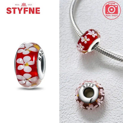 Echtes Sterlingsilber 925, Blumen-Charms, Glas, neue Original-Perle, bunt, Murano, passend für Original-Armbänder, DIY für Frauen, Schmuck, Geschenke