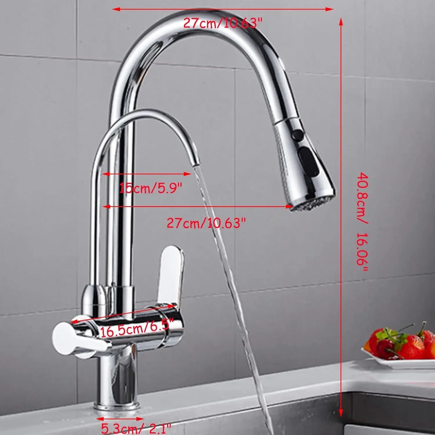 3-Wege-Küchenarmatur mit ausziehbarem Sprühgerät 360 °   Drehbarer Küchenarmatur, 3-in-1, Chrom, Doppelgriff, für heißes und kaltes Trinkwasser