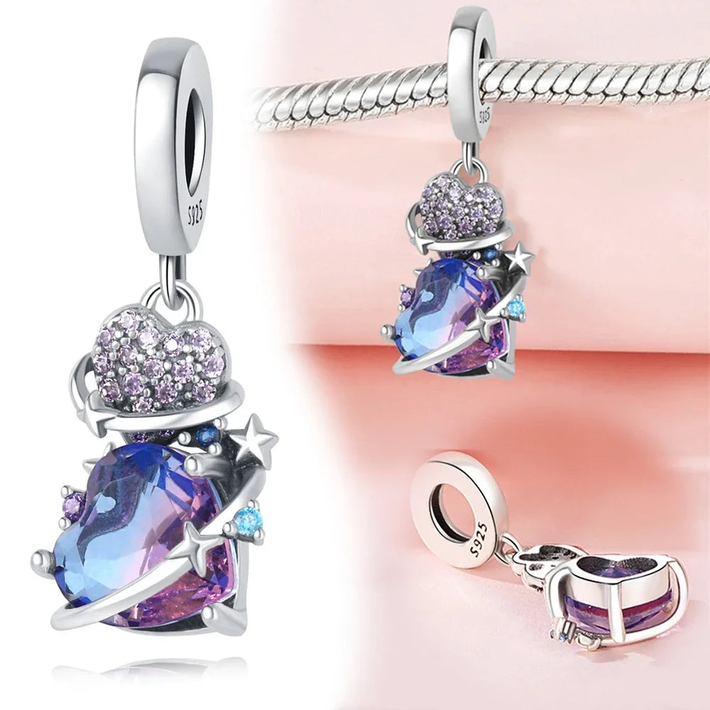 Charm-Anhänger aus 925er-Sterlingsilber, lila Herz, Mond, Planet, Perlen, passend für Charms, Silber, Original-Armband für Damen, Schmuck