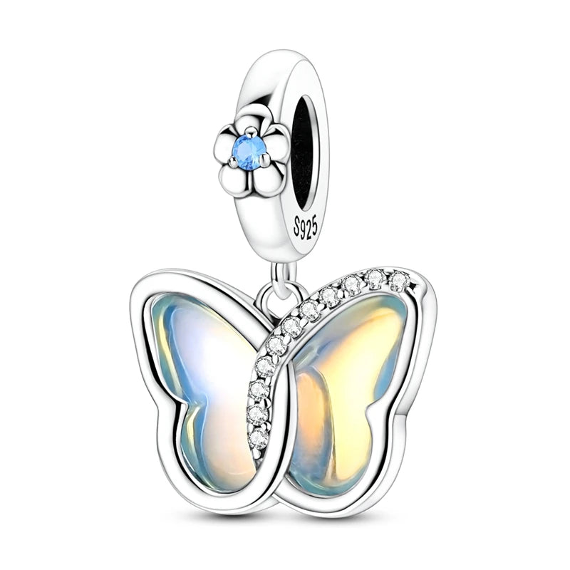 Exquisiter 925er-Sterlingsilber-Charm mit funkelndem Edelstein, Schlüssel, Blume, Schmetterling, passend für DIY-Armbänder, Halsketten, edler Schmuck, Geschenke