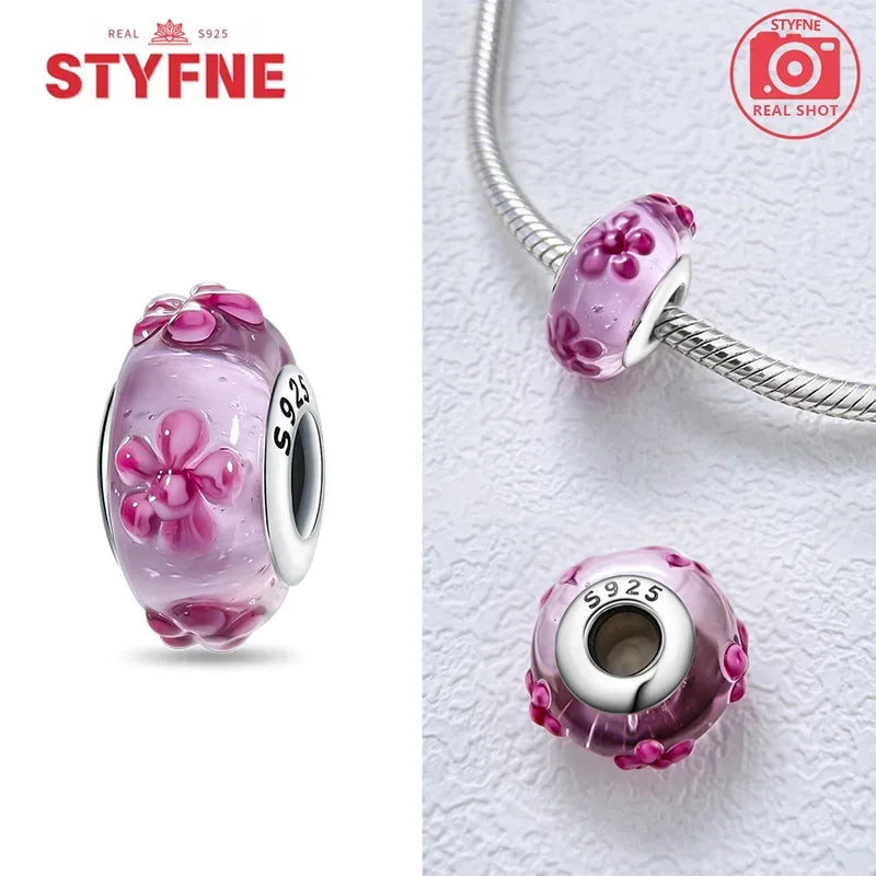 Echtes Sterlingsilber 925, Blumen-Charms, Glas, neue Original-Perle, bunt, Murano, passend für Original-Armbänder, DIY für Frauen, Schmuck, Geschenke