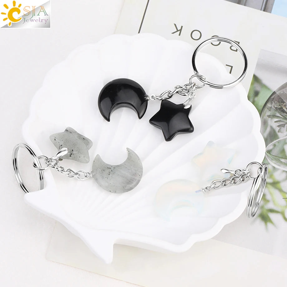 CSJA Healing Naturstein Schlüsselbund Trendy Mond Sterne Charm Bead Anhänger Silber Farbe Halter Schlüssel Ring Auto Schlüssel Ring Tasche Dekor H368