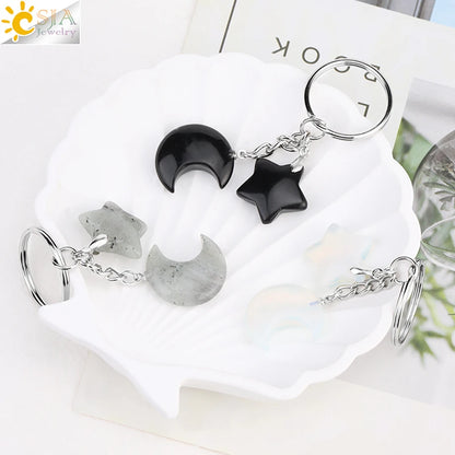 CSJA Healing Naturstein Schlüsselbund Trendy Mond Sterne Charm Bead Anhänger Silber Farbe Halter Schlüssel Ring Auto Schlüssel Ring Tasche Dekor H368