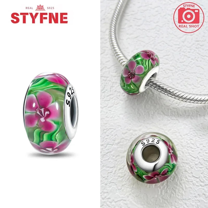 Echtes Sterlingsilber 925, Blumen-Charms, Glas, neue Original-Perle, bunt, Murano, passend für Original-Armbänder, DIY für Frauen, Schmuck, Geschenke