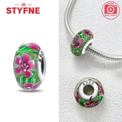 Echtes Sterlingsilber 925, Blumen-Charms, Glas, neue Original-Perle, bunt, Murano, passend für Original-Armbänder, DIY für Frauen, Schmuck, Geschenke