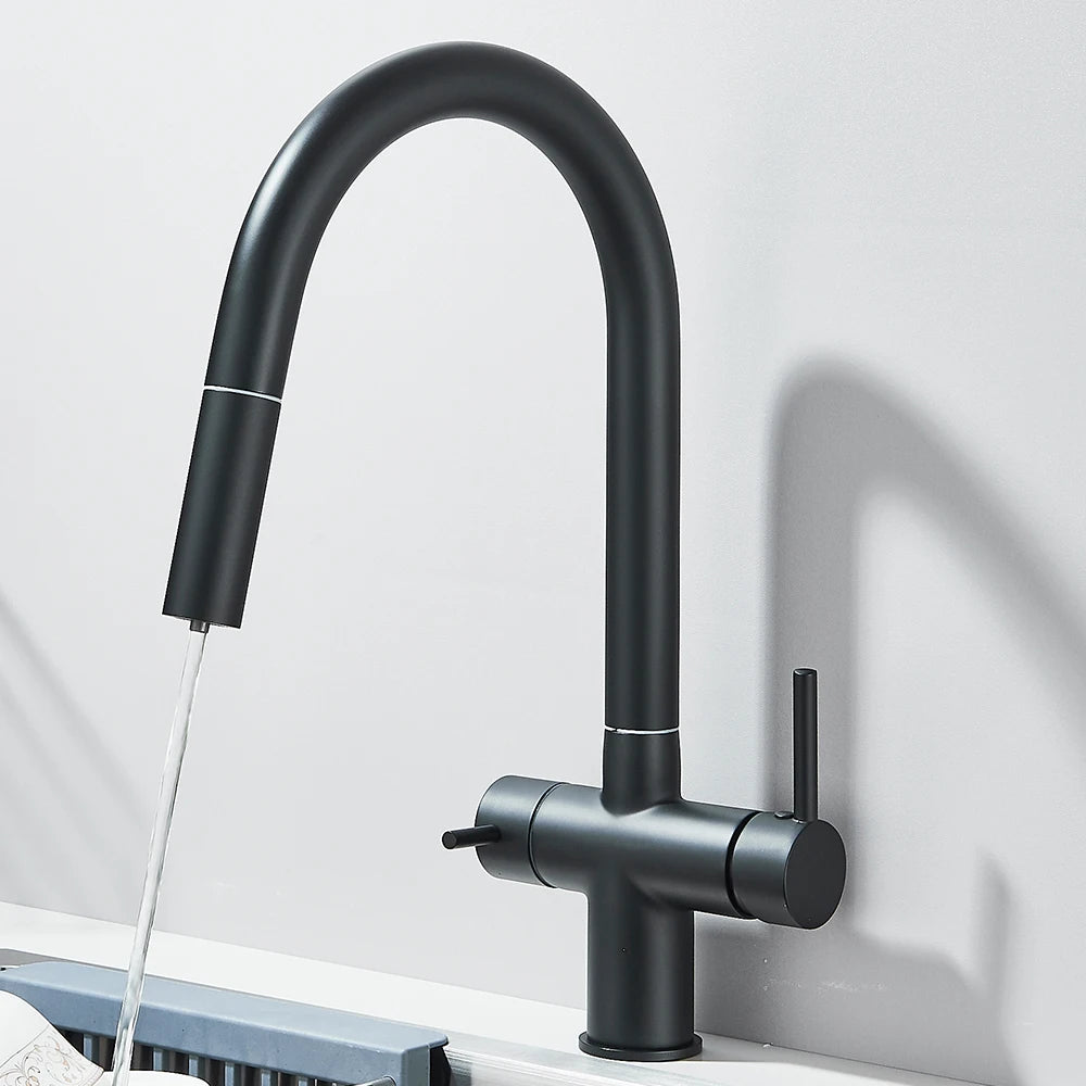 Gefilterter Küchenspüle-Wasserhahn mit einziehbarem Sprühgerät, Messing-Wasserfilterhahn, Trinkwasserhahn, Waschbeckenmischer für die Küche