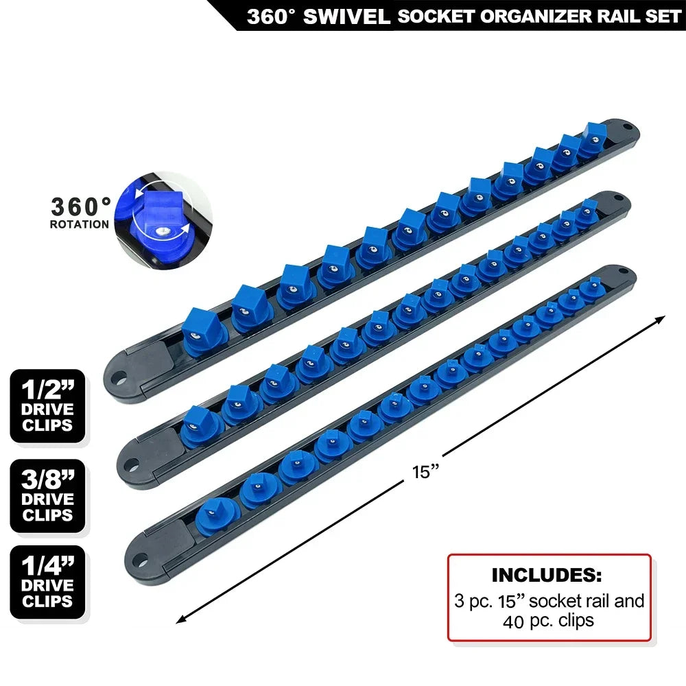 360 °   Drehbarer ABS-Sockel-Organizer, 1/4 Zoll, 3/8 Zoll, 1/2 Zoll, Premium-Qualität, Sockel-Clip-Schienenhalter, Steckdosen-Organizer, Werkzeuge, Blau und Rot