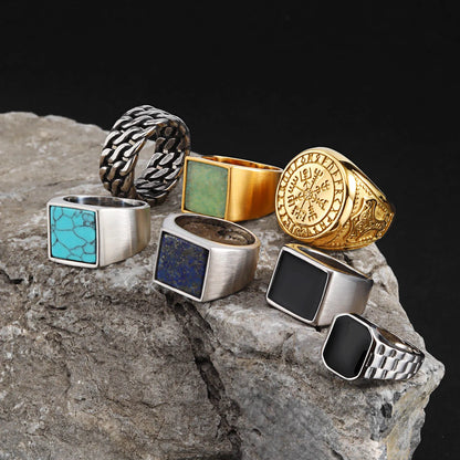 Coole Punk-Vintage-Natursteinringe für Männer, geometrische Siegelringe aus Edelstahl, stilvoller Retro-Ethno-Fingerschmuck als Geschenk