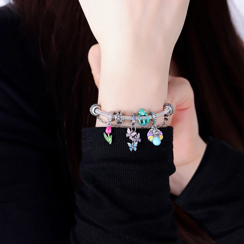 Charms-Perlen der Blumenserie, Original-Anhänger aus 925er-Sterlingsilber, Lotus-Tulpe, Rose, Nelke, passend für Armbänder, Damenschmuck, DIY-Geschenk