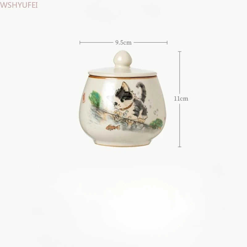 Funeral Ashes Glass Urn for Human Cremation Pet Ashes Holder Ceramic Keepsake Pal Ashes Urns Casket Seal Cute Cat Pattern