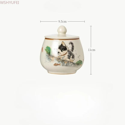 Funeral Ashes Glass Urn for Human Cremation Pet Ashes Holder Ceramic Keepsake Pal Ashes Urns Casket Seal Cute Cat Pattern