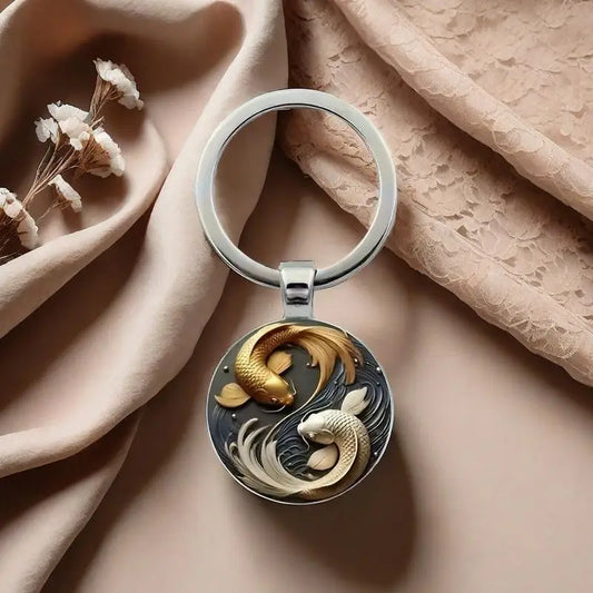 Modischer neuer 2D Yin Yang Koi runder Glas-Schlüsselanhänger, Glücksanhänger, modische Tasche und Autoschlüssel-Dekoration, Weihnachtsgeschenk
