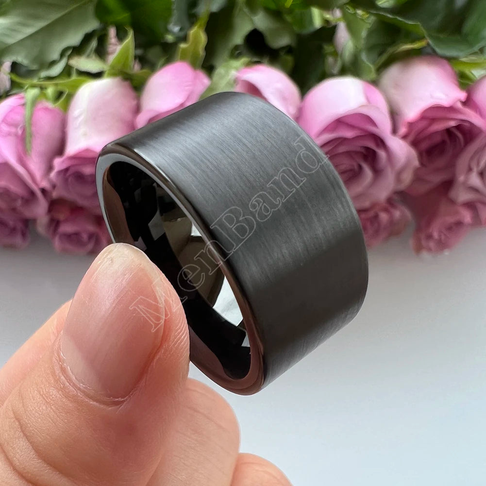 MenBand 10 mm 12 mm großer Herrenring, schwarzer Wolfram-Ehering, flaches Band und gebürstete Oberfläche, bequeme Passform