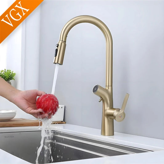 VGX Gold Wasserfilter Küchenarmatur mit Doppelauslauf, Reines Trinkwasser, Ausziehbarer Spültischmischer, Gourmet-Küchenarmatur
