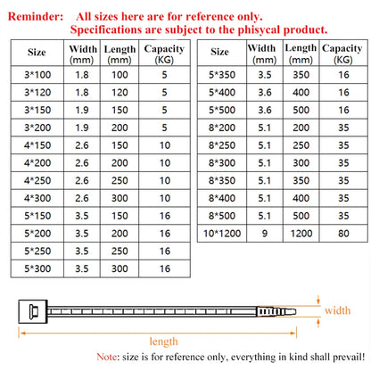 Kunststoff-Nylon-Kabelbinder, 100 Stück, schwarz, 5 x 300 Kabelbinder-Befestigungsring, 3 x 200 Kabelbinder-Reißverschluss mit 5 x 200 selbstsicherndem Nylon-Kabelbinder