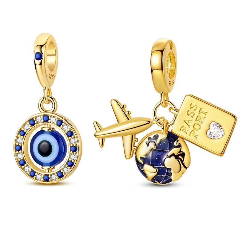 Goldfarbene Charms aus 925er Sterlingsilber, original goldene Sicherheitskette, runder Abstandshalter-Clip-Charm, DIY-Schmuck für Damen, Armband, Geschenk