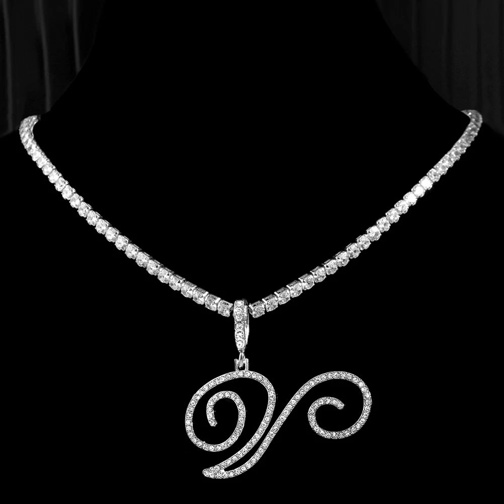 Neue Kursive Buchstaben Kubische Zirkonia Kette Initialen Namenskette Hip-Hop Schmuck Gold Silber Farbe CZ 26 Alphabet Anhänger Halsketten