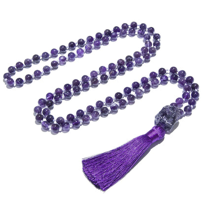 8mm Natürliche Amethyst-Perlenkette mit 108 Mala-Perlen, Geknotete Meditations-Yoga-Gebetskette mit Großer Stein-Guru-Perle, Schmuck