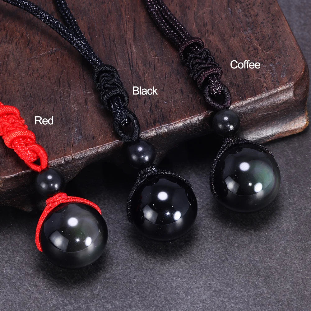 Halsketten und Anhänger aus Naturstein für Damen und Herren, schwarzer Obsidian, Regenbogenaugenperlen, Kugeltransfer, Lucky Love