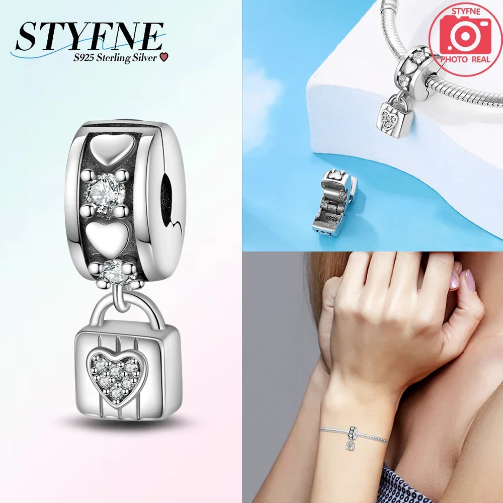 925er Silber eingelegte Zirkoniumblumen, vierblättriges Kleeblatt, Federn, Liebesbox-Clip, Charms, Abstandsperlen, passend für Armbänder, DIY-Schmuckmarkierung
