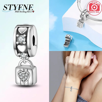 925er Silber eingelegte Zirkoniumblumen, vierblättriges Kleeblatt, Federn, Liebesbox-Clip, Charms, Abstandsperlen, passend für Armbänder, DIY-Schmuckmarkierung