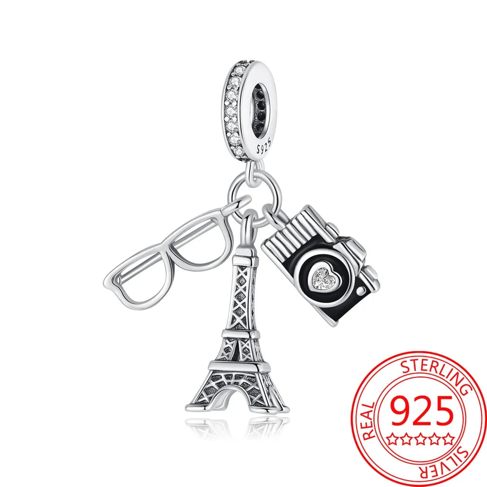 Kreativer Doppel-Charm aus 925er-Sterlingsilber, Eiffelturm, goldenes Herz, passend für DLY-Armbänder, Halsketten, Damen-Dating-Schmuck-Accessoires