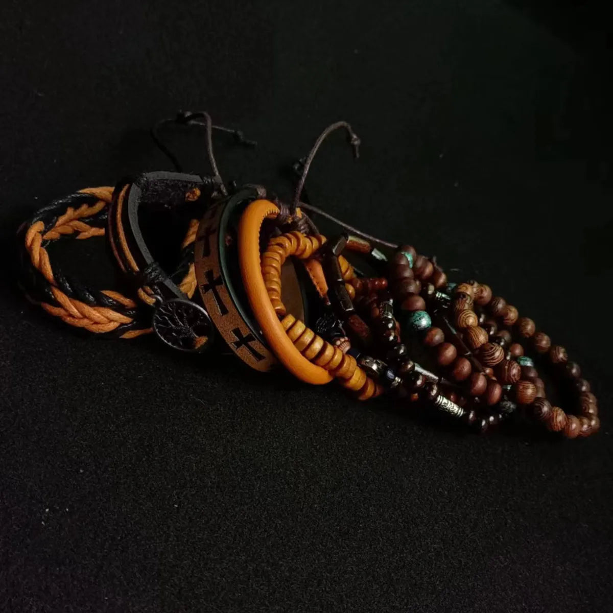 Khaki Tree 10Pcs/Set Black Wrap Woven Fashion Handmade Men Bracelets Male Women Leather Bracelets Men Bangle Wholesale Jewelry