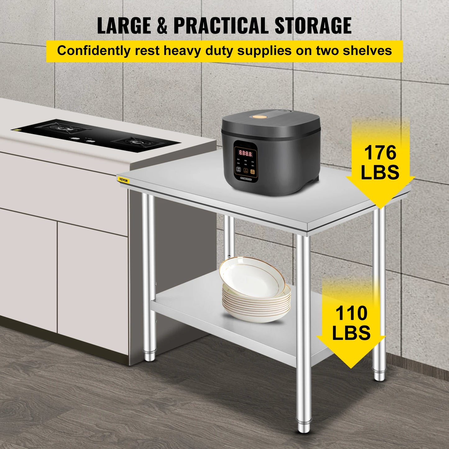 VEVOR Edelstahl Arbeitstisch 900 x 600 x 800 mm Edelstahltisch Essenszubereitung mit Verstellbare Füße für die Zubereitung von Mahlzeiten, Nähen, Waschen, Basteln, Garagennutzung usw.