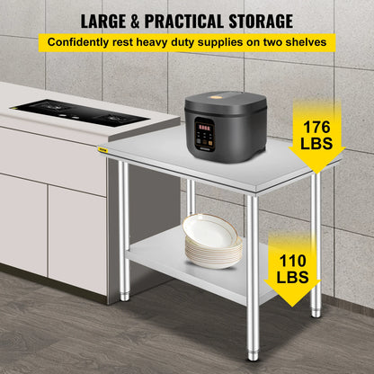 VEVOR Edelstahl Arbeitstisch 900 x 600 x 800 mm Edelstahltisch Essenszubereitung mit Verstellbare Füße für die Zubereitung von Mahlzeiten, Nähen, Waschen, Basteln, Garagennutzung usw.