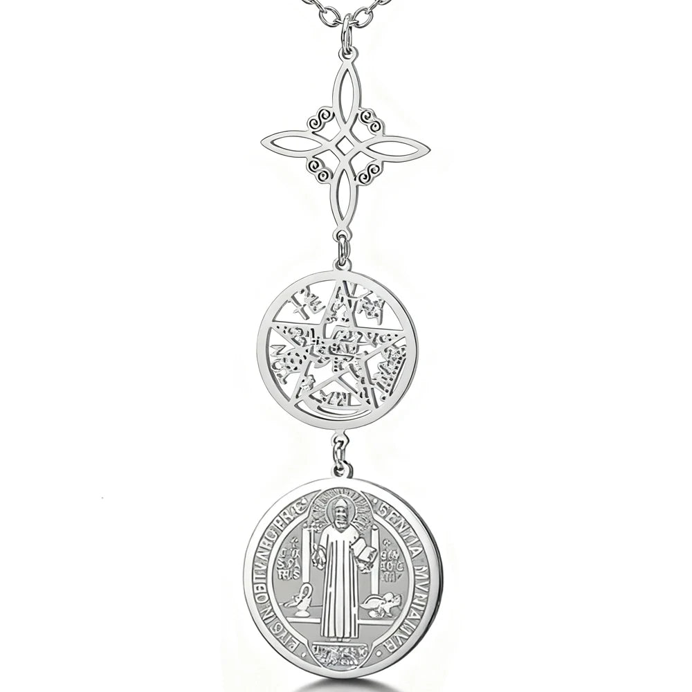 Dreifache Schutzhalskette mit Hexenknoten, Pentagramm, Tetragrammaton, St. Benedikt, Edelstahl, spirituelles Symbol, Amulett, Schmuck