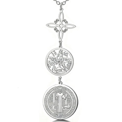Dreifache Schutzhalskette mit Hexenknoten, Pentagramm, Tetragrammaton, St. Benedikt, Edelstahl, spirituelles Symbol, Amulett, Schmuck