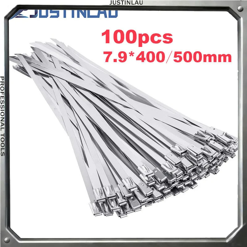 100 Stück Breite 7,9 mm Edelstahl-Kabelbinder, Auspufffolie, beschichtete Verriegelungskabelbinder, Mehrzweck-Kabelbinder mit Metall
