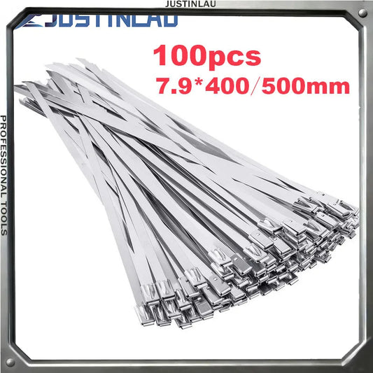 100 Stück Breite 7,9 mm Edelstahl-Kabelbinder, Auspufffolie, beschichtete Verriegelungskabelbinder, Mehrzweck-Kabelbinder mit Metall