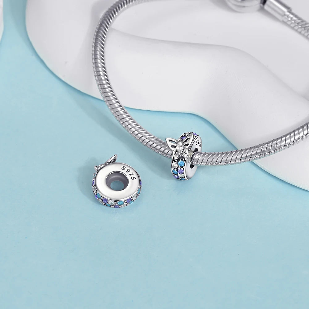 Exquisiter 925er-Sterlingsilber-Charm mit funkelndem Edelstein, Schlüssel, Blume, Schmetterling, passend für DIY-Armbänder, Halsketten, edler Schmuck, Geschenke