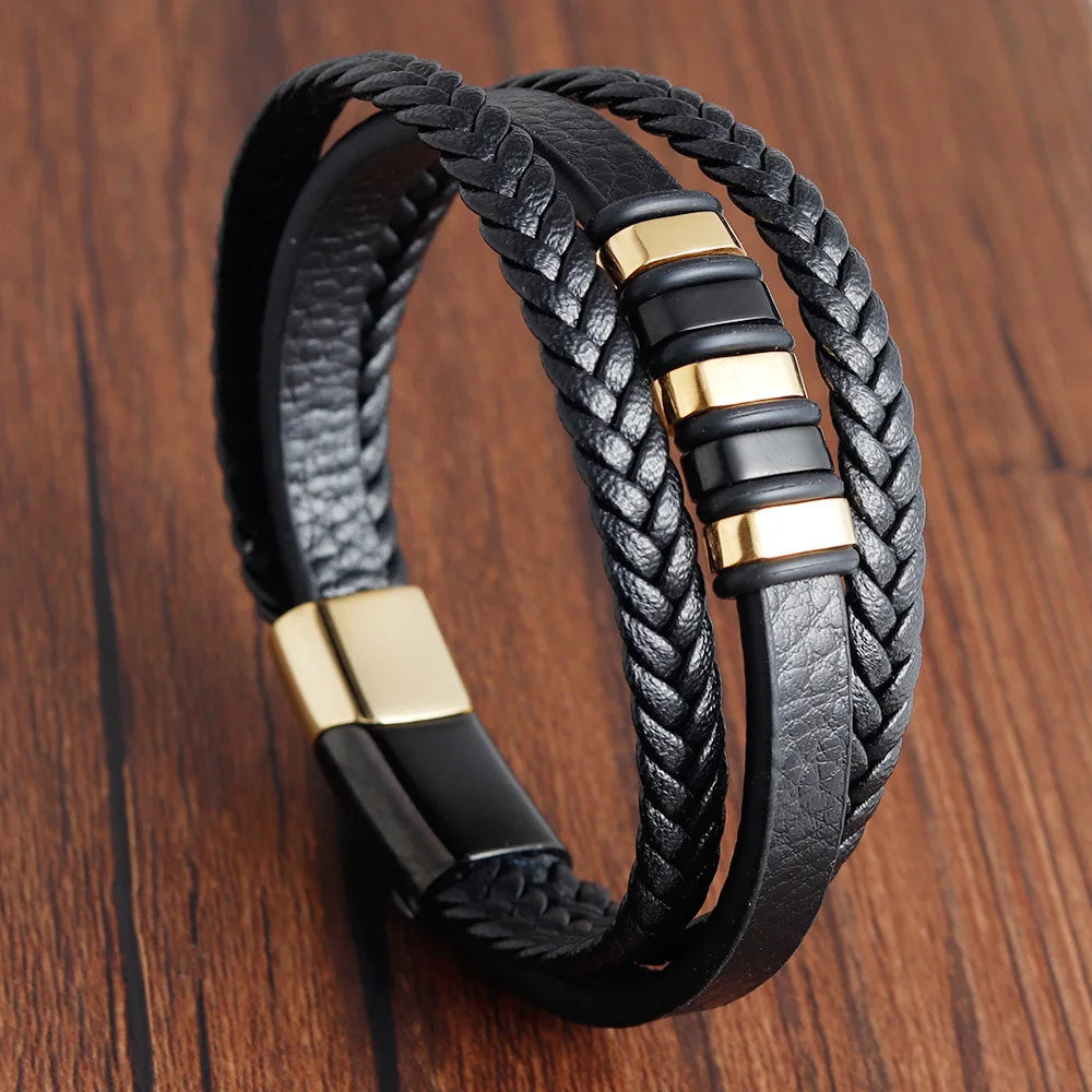 Charm Braid Rope Bracelet For Men Stainless Steel Magnetic Buckle Genuine Leather Bracelets &amp; Bangles Male Female Jewelry