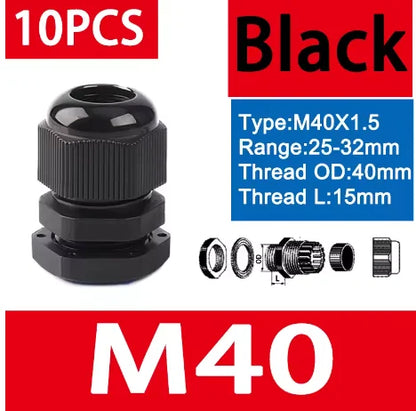 10 Stück wasserdichte Kabelverschraubungen M8-M40, schwarze Kunststoff-Dichtungsverbindungen, IP68, Nylon-Stecker, Gummi-Kabelverschraubung für verschiedene Größen