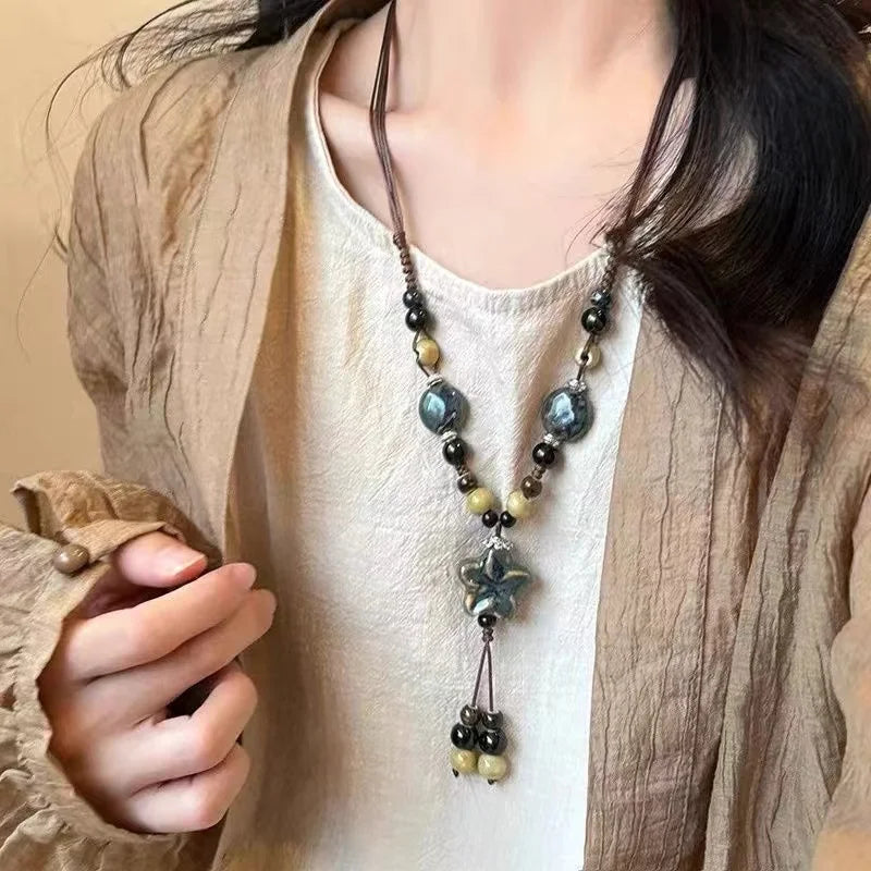 Vintage ethnische Stil Keramik Blume Perlen Halskette für Frauen bunte Perlen Fransen Anhänger lange Halsband Pullover Kleid Schmuck