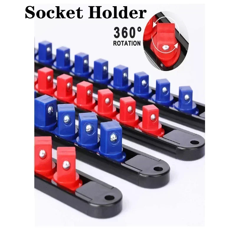 360 °   Drehbarer ABS-Sockel-Organizer, 1/4 Zoll, 3/8 Zoll, 1/2 Zoll, Premium-Qualität, Sockel-Clip-Schienenhalter, Steckdosen-Organizer, Werkzeuge, Blau und Rot