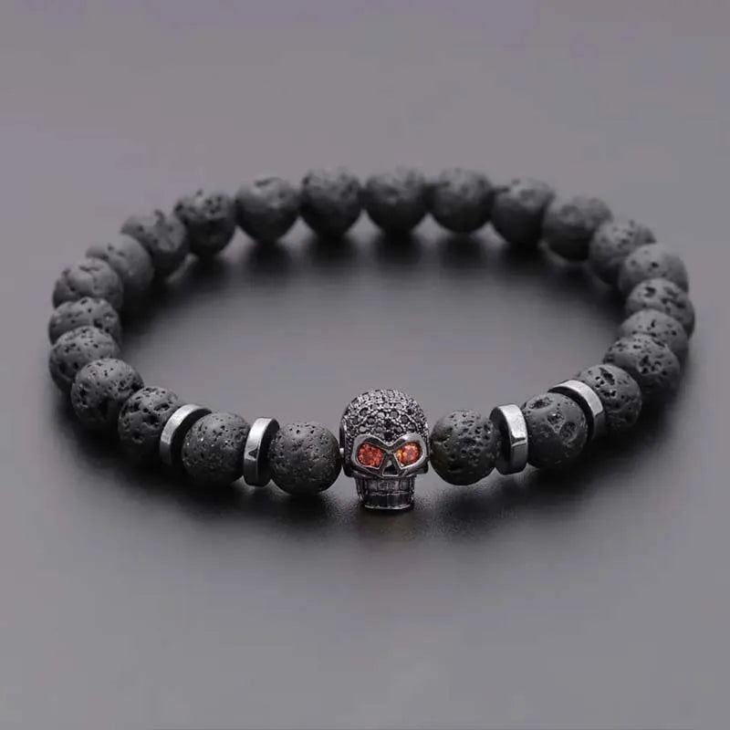 Black Eye Skull Hematite Beaded Bracelet Men Classic Handmade 8mm Lava Stone Charm Bracelet for Men Jewelry Gift